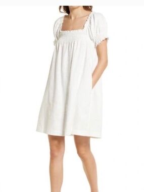 FAHERTY Ramona Organic Cotton Shift Dress Egret White Puff Sleeve Top Small‌